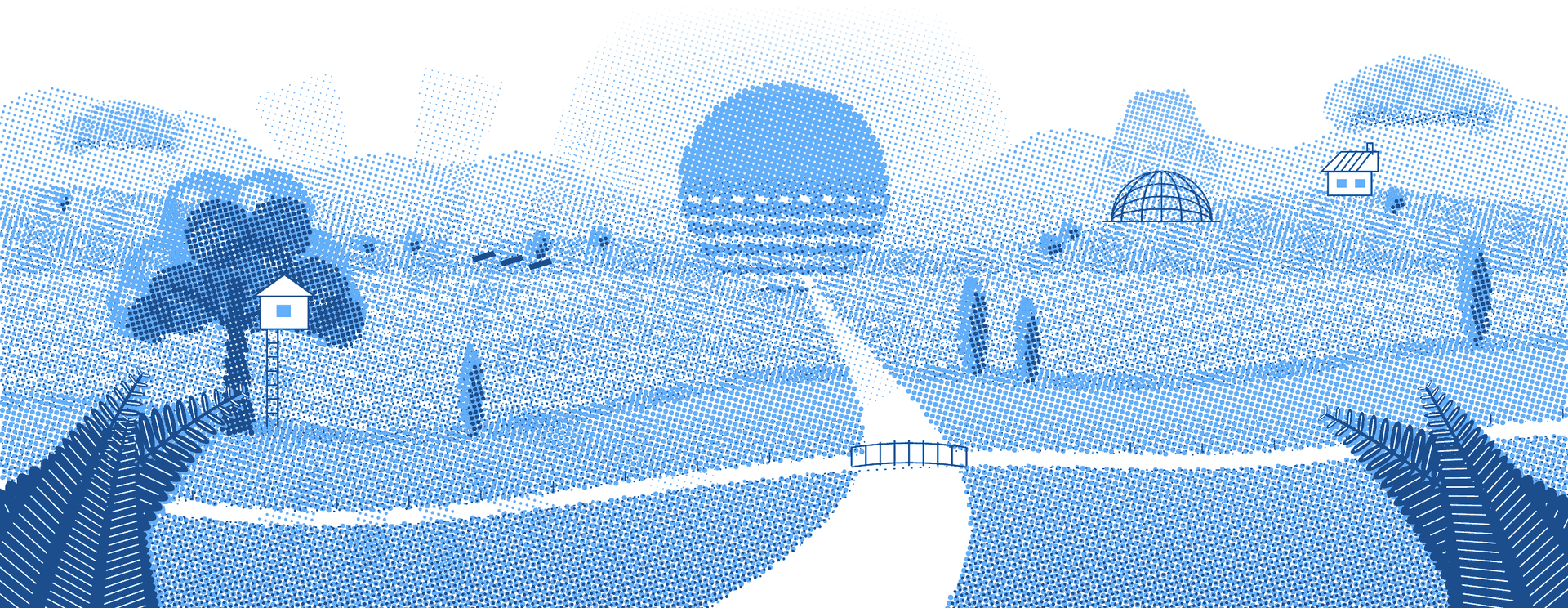 Nave’s blue illustrated valley: a path through a landscape of small studios, trees, and an open horizon.